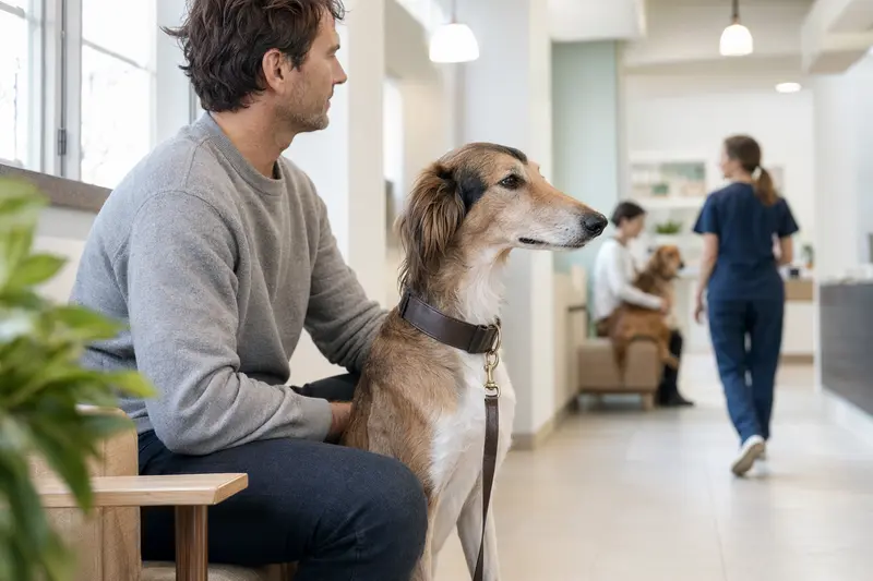 Ein Polnischer Windhund sitzt ruhig neben seinem Besitzer im hellen Wartezimmer einer modernen Tierarztpraxis.